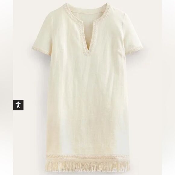 Boden Fringe Trim Hem Mini Shift Dress in Ivory 100% Cotton Pullover size 6R - Picture 5 of 13